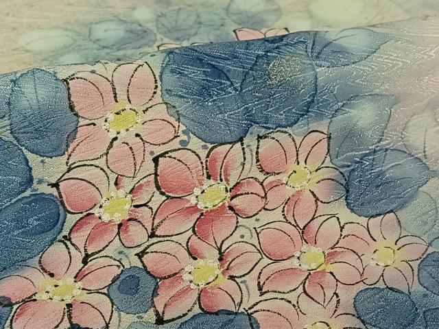 平和屋着物▽訪問着　単衣　手描き　草花文　暈し染め　金銀彩　正絹　逸品　AABL8997jh