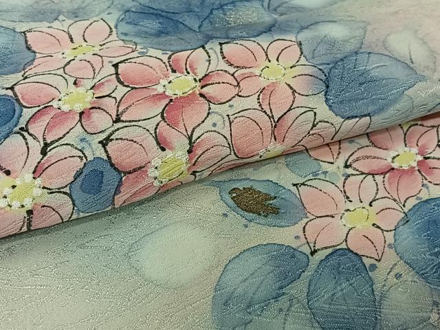 平和屋着物▽訪問着　単衣　手描き　草花文　暈し染め　金銀彩　正絹　逸品　AABL8997jh