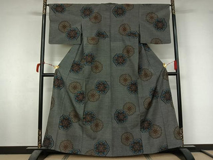 平和屋着物▽上質な紬　単衣　花亀甲文　正絹　逸品　AABL9000jh