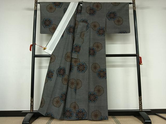 平和屋着物▽上質な紬　単衣　花亀甲文　正絹　逸品　AABL9000jh