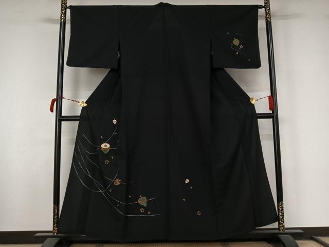平和屋着物▽訪問着　単衣　舞桜文　駒　黒地　金彩　洗える着物　AABL9009jh