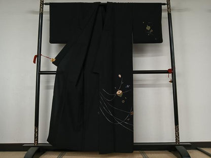平和屋着物▽訪問着　単衣　舞桜文　駒　黒地　金彩　洗える着物　AABL9009jh