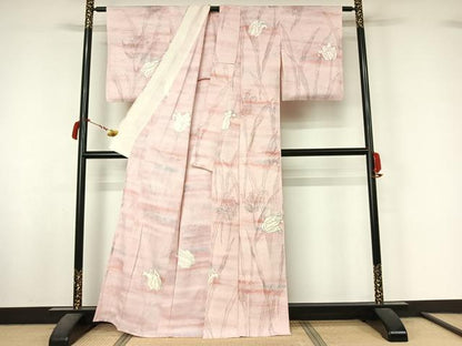 平和屋着物▽上質な小紋　単衣　手描き　草花文　暈し染め　銀彩　正絹　逸品　AABL9012jh