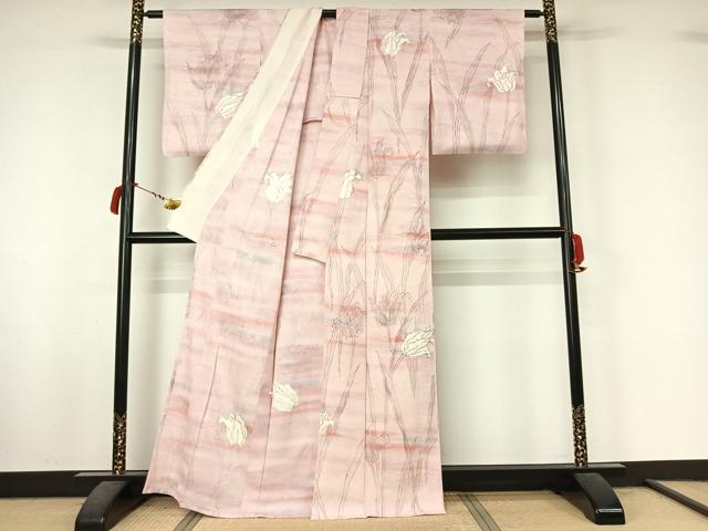 平和屋着物▽上質な小紋　単衣　手描き　草花文　暈し染め　銀彩　正絹　逸品　AABL9012jh
