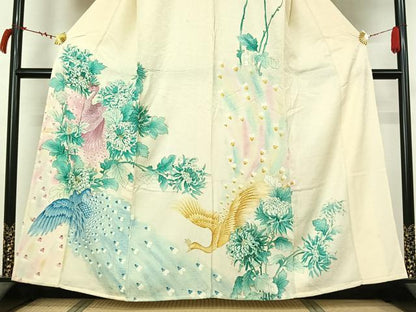 平和屋着物▽訪問着　単衣　孔雀花文　金彩　正絹　逸品　AABL9013jh