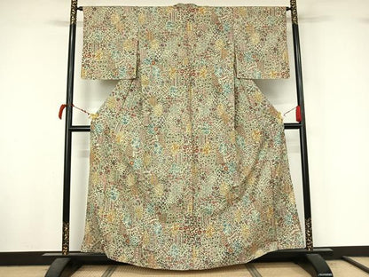 平和屋着物▽上質な小紋　単衣　紬地　亀甲更紗花蝶文　正絹　逸品　AABL9015jh