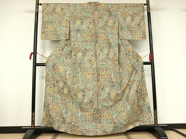 平和屋着物▽上質な小紋　単衣　紬地　亀甲更紗花蝶文　正絹　逸品　AABL9015jh