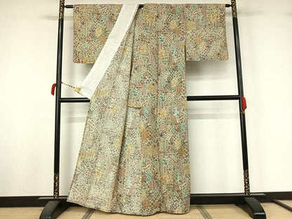 平和屋着物▽上質な小紋　単衣　紬地　亀甲更紗花蝶文　正絹　逸品　AABL9015jh