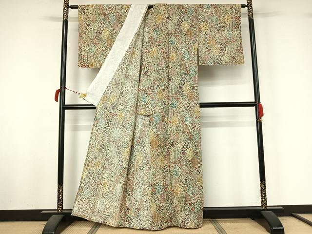 平和屋着物▽上質な小紋　単衣　紬地　亀甲更紗花蝶文　正絹　逸品　AABL9015jh