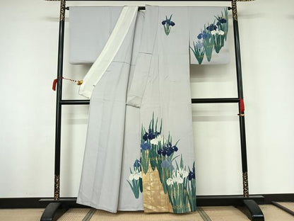 平和屋着物▽訪問着　単衣　燕子花　金彩　正絹　逸品　AABL9016jh