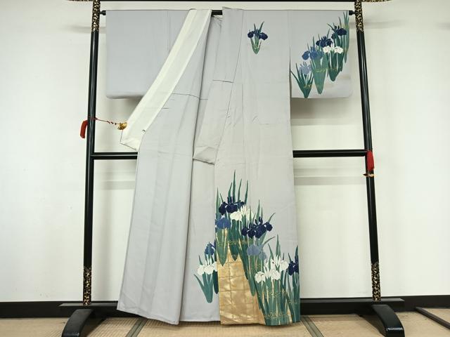 平和屋着物▽訪問着　単衣　燕子花　金彩　正絹　逸品　AABL9016jh