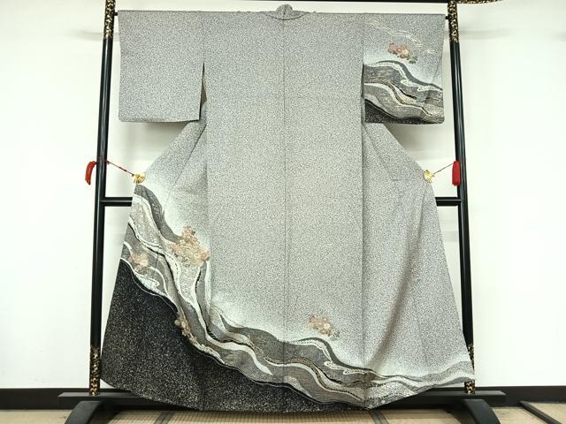 平和屋着物▽中国三大刺繍　スワトウ刺繍　汕頭刺繍　訪問着　単衣　地紙花文　金銀彩　正絹　逸品　AABL9022jh