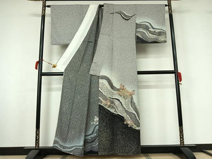 平和屋着物▽中国三大刺繍　スワトウ刺繍　汕頭刺繍　訪問着　単衣　地紙花文　金銀彩　正絹　逸品　AABL9022jh