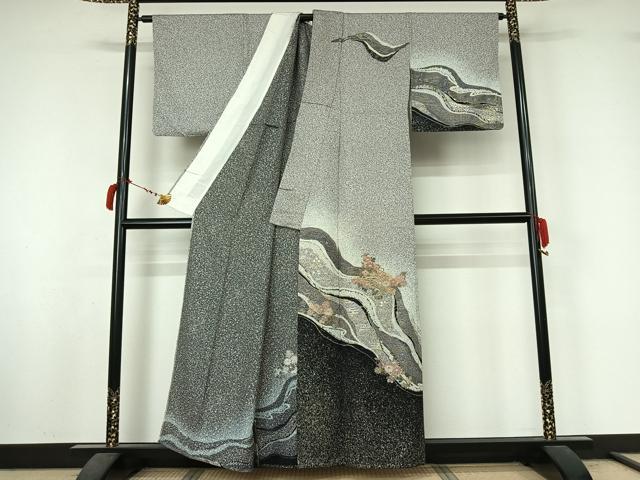 平和屋着物▽中国三大刺繍　スワトウ刺繍　汕頭刺繍　訪問着　単衣　地紙花文　金銀彩　正絹　逸品　AABL9022jh