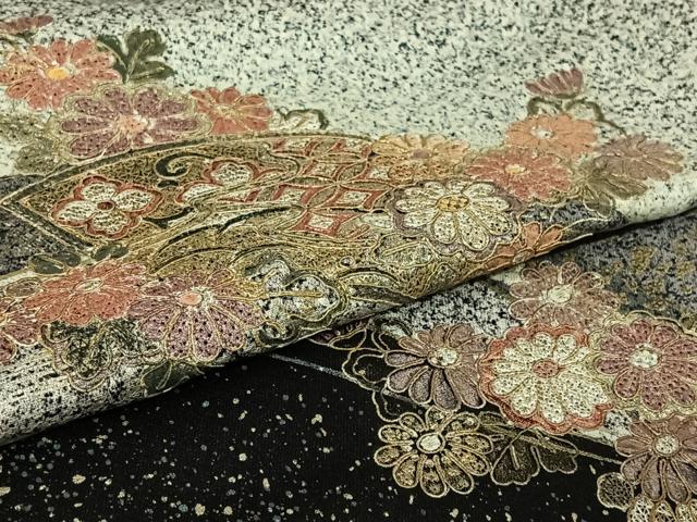 平和屋着物▽中国三大刺繍　スワトウ刺繍　汕頭刺繍　訪問着　単衣　地紙花文　金銀彩　正絹　逸品　AABL9022jh