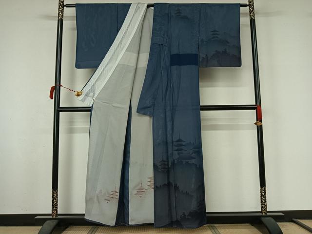 平和屋着物▽訪問着　無双　紗袷　紗×絽　風景文　金彩　さが美扱い　正絹　逸品　AABL9023jh