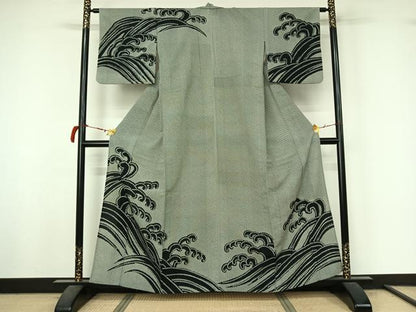 平和屋着物▽訪問着　単衣　立波文　黒地　洗える着物　AABL9027jh