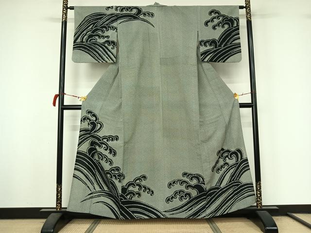 平和屋着物▽訪問着　単衣　立波文　黒地　洗える着物　AABL9027jh