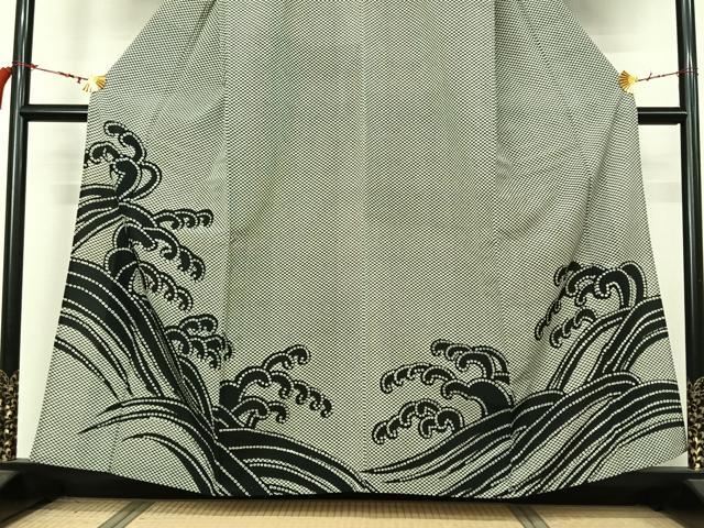 平和屋着物▽訪問着　単衣　立波文　黒地　洗える着物　AABL9027jh