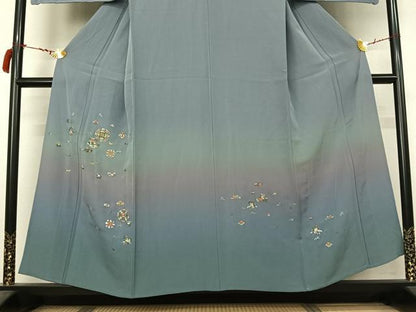 平和屋着物▽訪問着　単衣　総刺繍　花鳥文　暈し染め　金糸　正絹　逸品　AABL9028jh