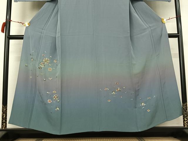 平和屋着物▽訪問着　単衣　総刺繍　花鳥文　暈し染め　金糸　正絹　逸品　AABL9028jh