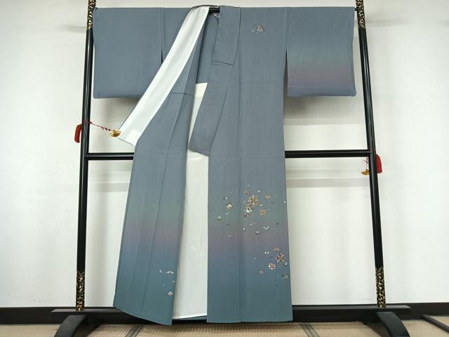 平和屋着物▽訪問着　単衣　総刺繍　花鳥文　暈し染め　金糸　正絹　逸品　AABL9028jh