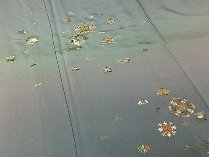 平和屋着物▽訪問着　単衣　総刺繍　花鳥文　暈し染め　金糸　正絹　逸品　AABL9028jh