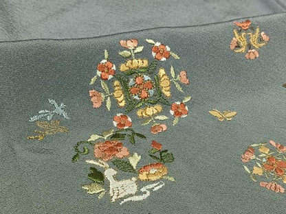 平和屋着物▽訪問着　単衣　総刺繍　花鳥文　暈し染め　金糸　正絹　逸品　AABL9028jh
