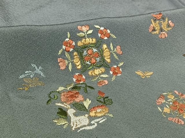 平和屋着物▽訪問着　単衣　総刺繍　花鳥文　暈し染め　金糸　正絹　逸品　AABL9028jh
