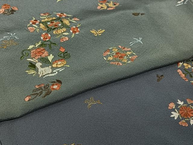 平和屋着物▽訪問着　単衣　総刺繍　花鳥文　暈し染め　金糸　正絹　逸品　AABL9028jh