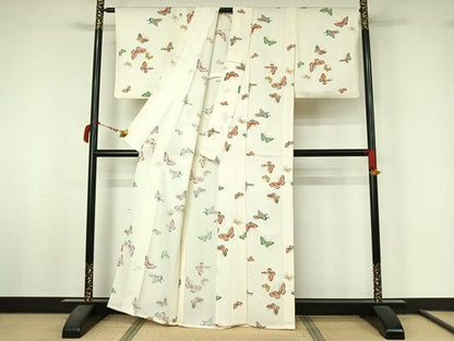 平和屋着物▽上質な小紋　単衣　手描き　舞蝶文　金彩　正絹　逸品　AABL9035jh