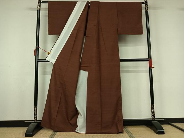 平和屋着物▽本場真綿結城紬　単衣　赤褐色　証紙付き　正絹　逸品　未使用　AABL9037jh