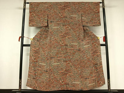 平和屋着物▽上質な小紋　単衣　型染め　人物風景文　鬼しぼ縮緬　正絹　逸品　AABL9049jh