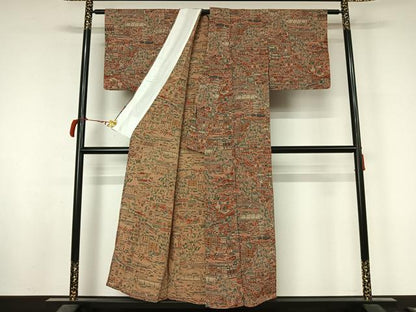 平和屋着物▽上質な小紋　単衣　型染め　人物風景文　鬼しぼ縮緬　正絹　逸品　AABL9049jh