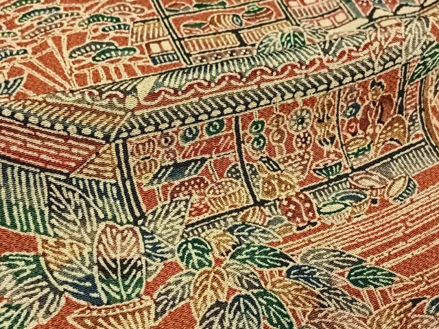 平和屋着物▽上質な小紋　単衣　型染め　人物風景文　鬼しぼ縮緬　正絹　逸品　AABL9049jh