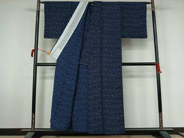 平和屋着物▽小紋　単衣　藍　花鳥文　AABL9054jh