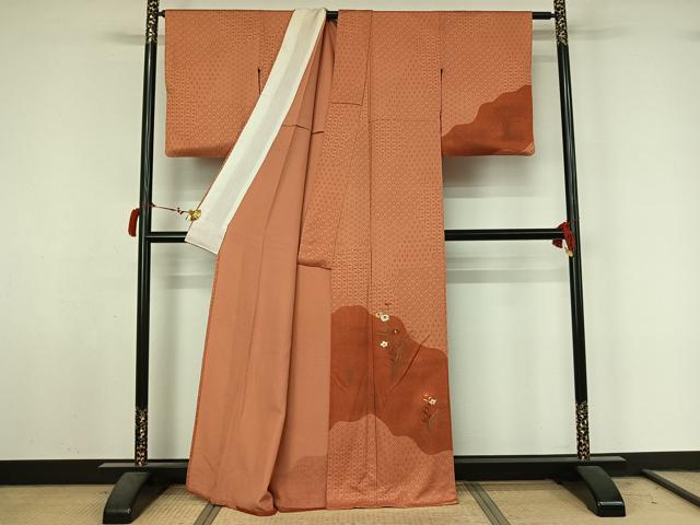 平和屋着物▽訪問着　単衣　刺繍　草花文　正絹　逸品　AABL9055jh