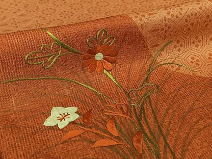 平和屋着物▽訪問着　単衣　刺繍　草花文　正絹　逸品　AABL9055jh