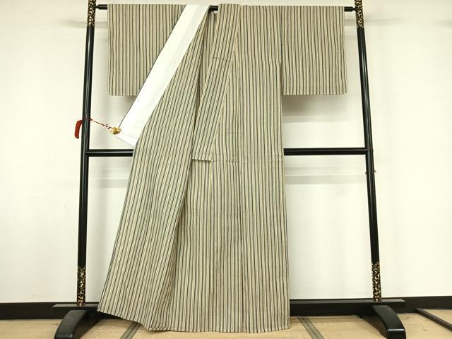 平和屋着物▽小紋　単衣　縞　綿麻　AABL9057jh