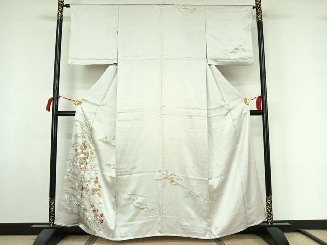 平和屋着物▽訪問着　単衣　駒刺繍　流水花文　金彩　正絹　逸品　AABL9067jh