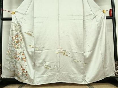 平和屋着物▽訪問着　単衣　駒刺繍　流水花文　金彩　正絹　逸品　AABL9067jh