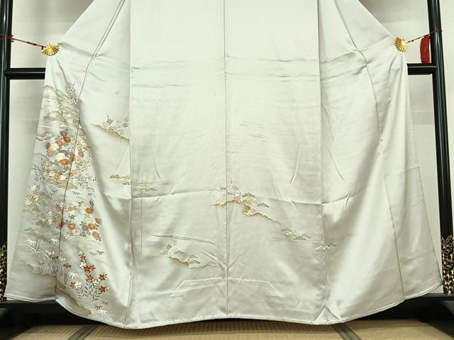 平和屋着物▽訪問着　単衣　駒刺繍　流水花文　金彩　正絹　逸品　AABL9067jh