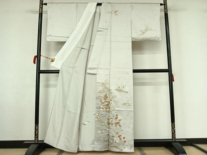 平和屋着物▽訪問着　単衣　駒刺繍　流水花文　金彩　正絹　逸品　AABL9067jh