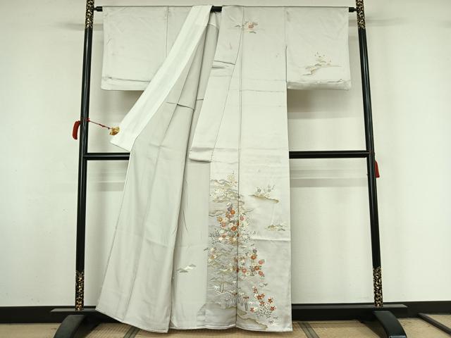 平和屋着物▽訪問着　単衣　駒刺繍　流水花文　金彩　正絹　逸品　AABL9067jh