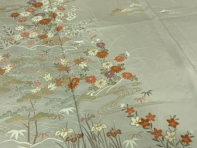 平和屋着物▽訪問着　単衣　駒刺繍　流水花文　金彩　正絹　逸品　AABL9067jh