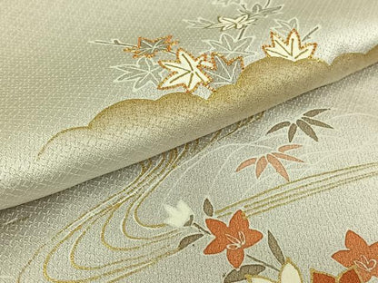 平和屋着物▽訪問着　単衣　駒刺繍　流水花文　金彩　正絹　逸品　AABL9067jh