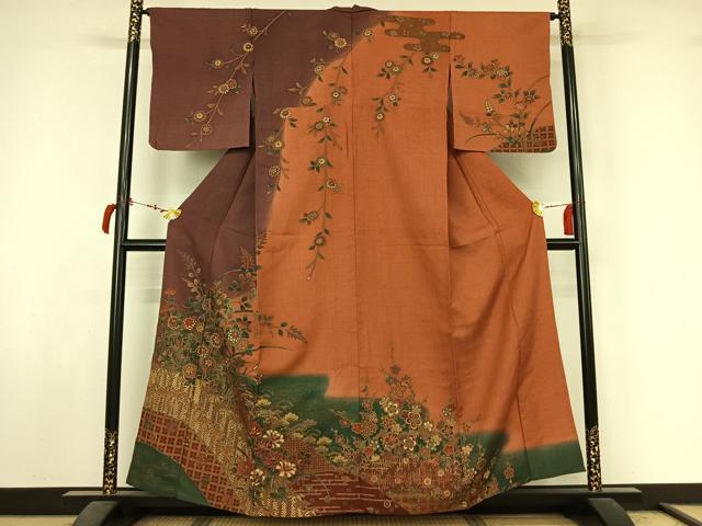 平和屋着物▽訪問着　単衣　草花文　正絹　逸品　AABL9070jh