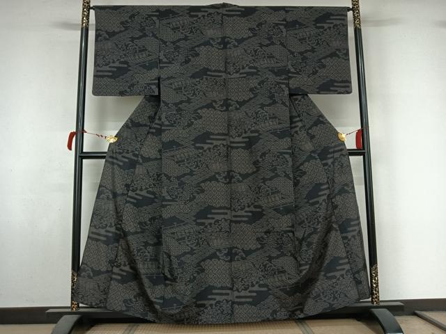 平和屋着物▽小紋　単衣　吉祥花文　黒地　さんび謹製　AABL9075jh