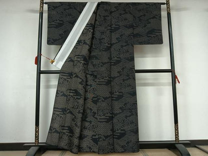 平和屋着物▽小紋　単衣　吉祥花文　黒地　さんび謹製　AABL9075jh