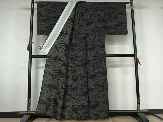 平和屋着物▽小紋　単衣　吉祥花文　黒地　さんび謹製　AABL9075jh